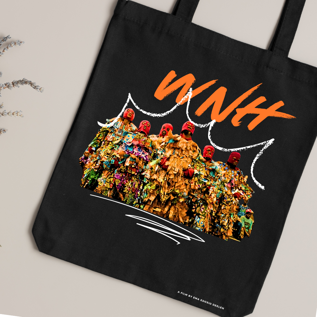 Black WNH tote bag with the Egungun dancers print